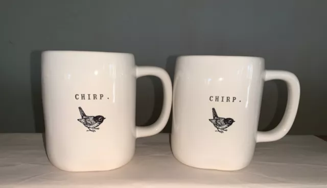 2 Rae Dunn CHIRP White Ceramic Mugs ~ New Never Used Coffee Tea Icon Bird