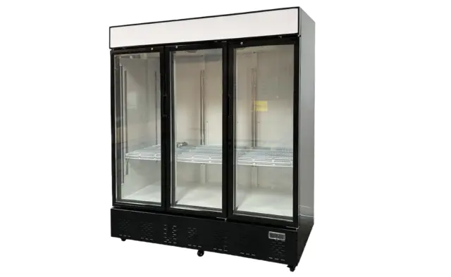 73.3" W 57 cu. ft. Commercial Display 3 Glass Swing Door Refrigerator, Black