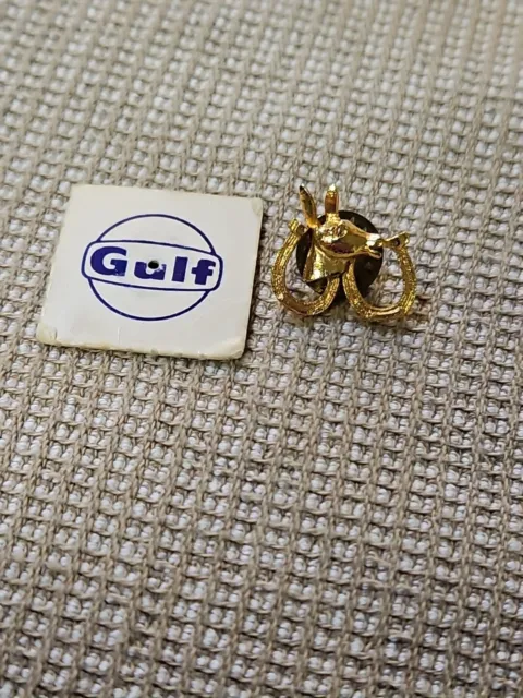 1960s Democrat Donkey Good Luck Horseshoes Gulf Oil Political Campaign Lapel Pin