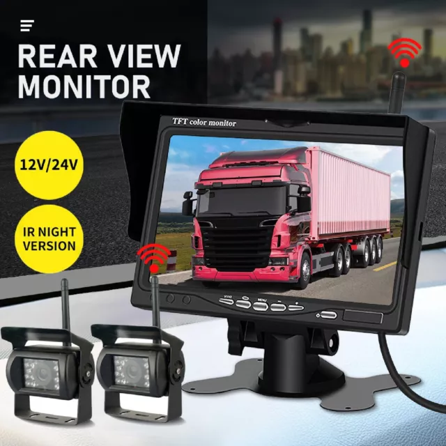 7" Wireless Rear View Monitor + 2 WIFI Reverse Camera Kit Caravan Bus Truck 12V