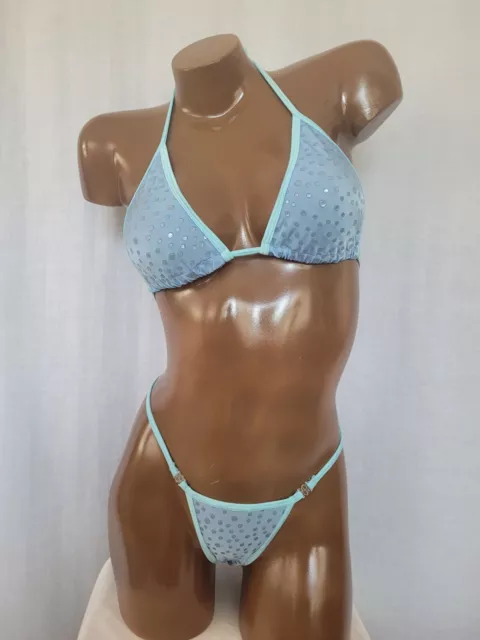 New exotic dancer thong bikini 2 piece set  A/B cup Blue Polka Dot