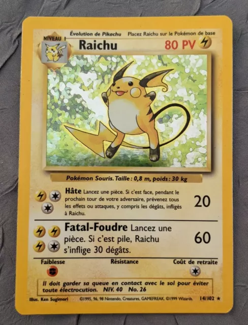 Carte Pokémon HOLO Raichu 14/102 Set de Base Français, 1999, TBE