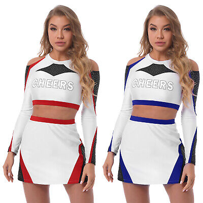 Womens Letter Printed Cheer Leading Fancy Dress Outfits Crop Top Mini Skirt Set