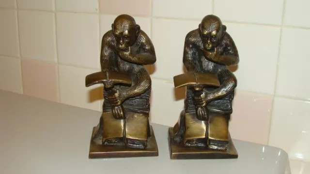 RARE Vintage Brass Monkeys Reading Book Bookends made in India