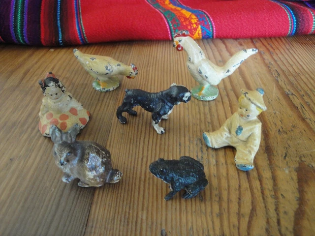 6 Antique Metal Iron Lead Toy Figurines Chickens,Rabbit,Bull dog,Children 6 Antique Metal Iron Lead Toy Figurines Chickens,Rabbit,Bull dog,Children