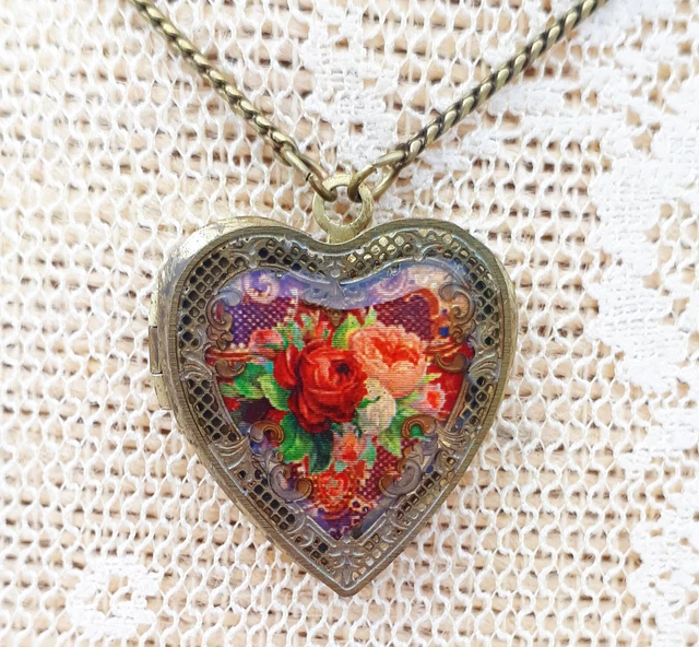 Michal Negrin Heart Locket Necklace Roses Cameo Pendant Victorian Floral