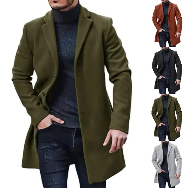 Woolen Mens Fomal Button Outwear Trench Coat Winter Lapel Long Jacket Overcoat