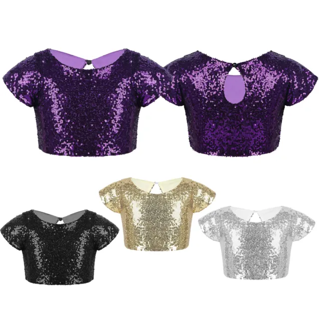 Kids Girls Sequins Crop Tops Party Dance Sparkly Camisole T-shirt Tank Top 2-12Y