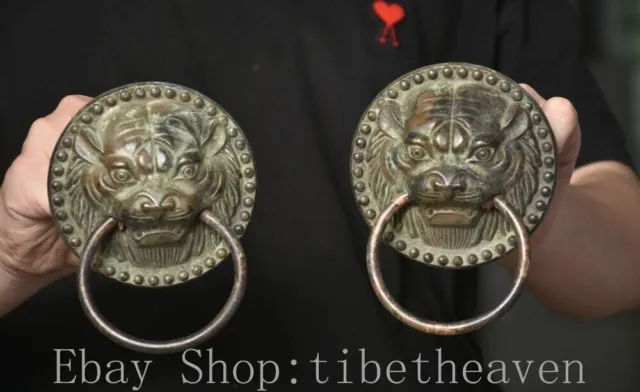 4" Rare Old Chinese Copper Feng Shui Foo Dog Tiger Beast Knocker Pair