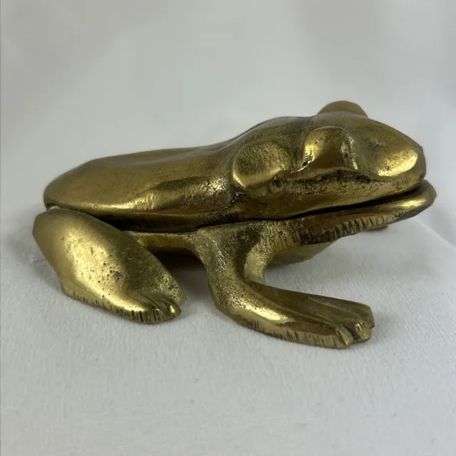 Vintage Brass Frog Trinket Box Dish Figurine Hinged Lid Metal Ashtray 3.5”
