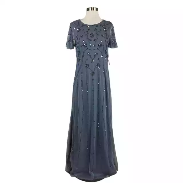 Adrianna Papell Women's Formal Dress Size 8 Dusty Blue Beaded Short Sleeve Gown