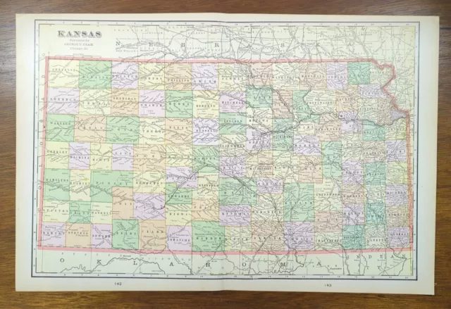 Vintage 1901 KANSAS Map 22"x14" Old Antique Original SALINA TOPEKA WICHITA KS