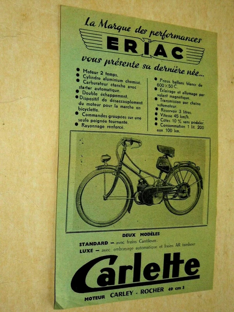 PROSPECTUS CYCLOMOTEUR ERIAC CARLETTE Brochure Prospekt Années 50 Catalogue Moto EUR 9,99