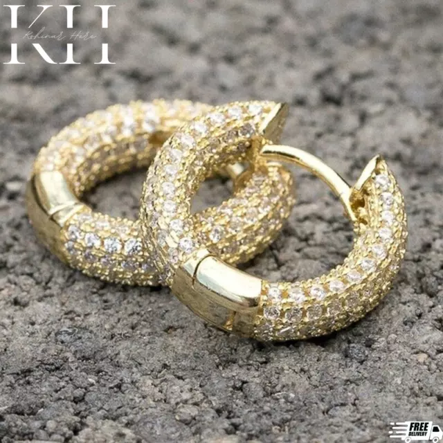 Yellow Gold Mens Plated Iced Cz Small Sterling Silver Hoops Huggie Hoop Earrings