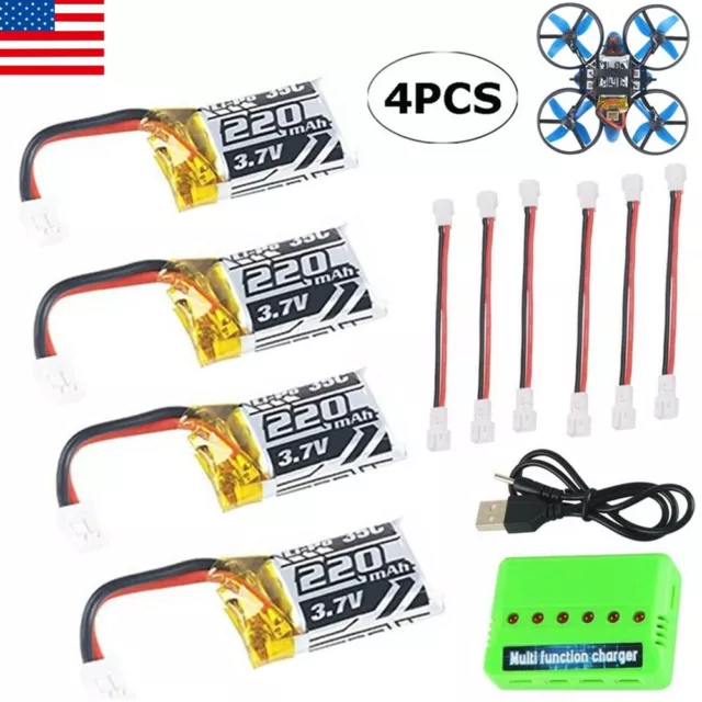 4x 3.7V 220mAh 1S LiPo Battery 35C 6-in-1 Charger & JST-PH2.0 Cable For RC Drone