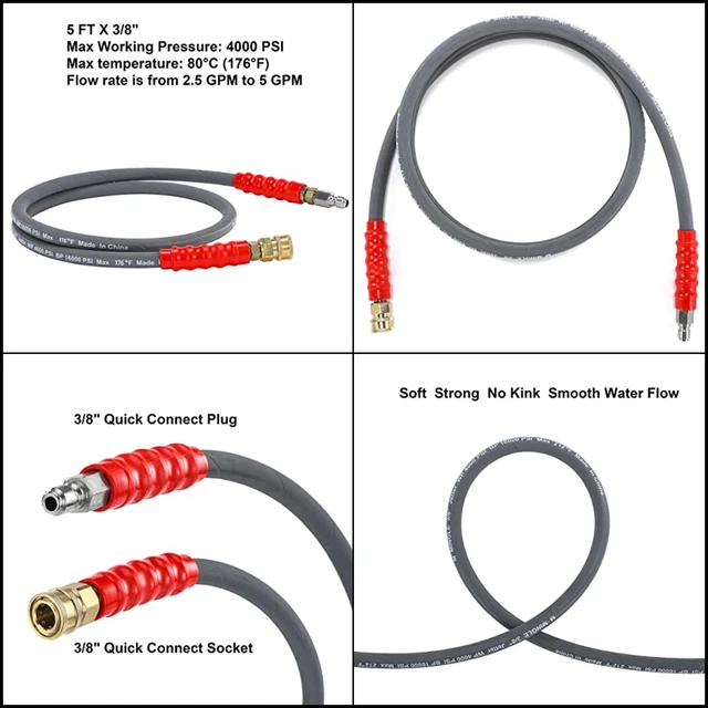 PRESSURE WASHER WHIP Hose 5FT 3/8'' Hose Reel Connector Washer 248°F