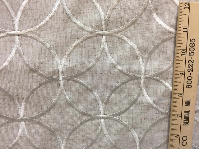 Fabric Tan Linen Over Lapping Circles White Embroidered 75" Upholstery Sewing