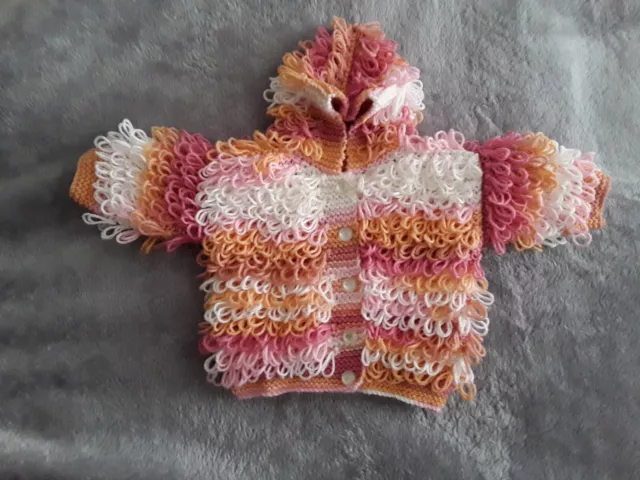 Baby Girls Hand Knitted Loop stitch  hooded Jacket up to 6months(approx)