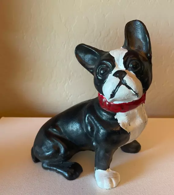 Vintage Cast Iron Boston Terrier French Bulldog Dog Door Stop Black & White