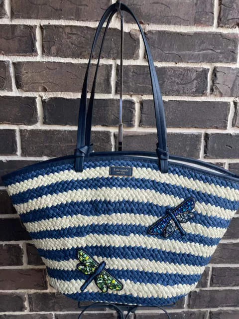 NWT $378 kate spade Shore Thing Dragonfly Embellished Striped Straw Large Tote