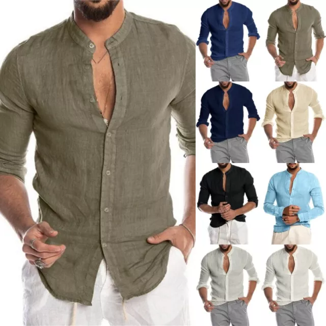 Mens Long Sleeve Linen Shirt Casual Solid Slim Fit Button-up Tops T Shirt Blouse