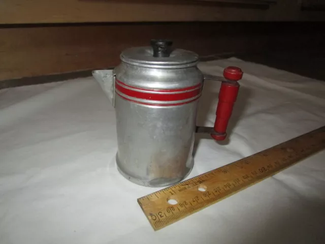 Vintage Child's Toy Aluminum Miniature Coffee Pot With Red Handle Red Stripes