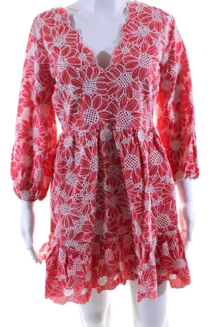 Milly Womens Cotton Knit Floral Eyelet Brielle A-Line Dress Pink White Size 4