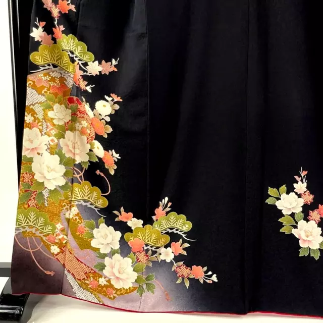 Japanese kimono SILK"FURISODE" long sleeves,Gld leaf,Foil, Plants ,L5'4"..3573 2