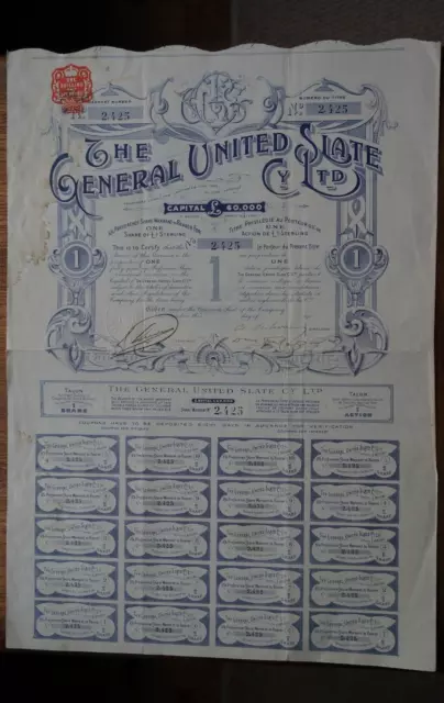 Wales, The General United Slate Cy. Ltd Bearer certificate for one share, 1908