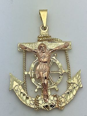 10k Two Tone Gold Solid Anchor Mariners with Jesus Crucifix Pendant 9.3 grams