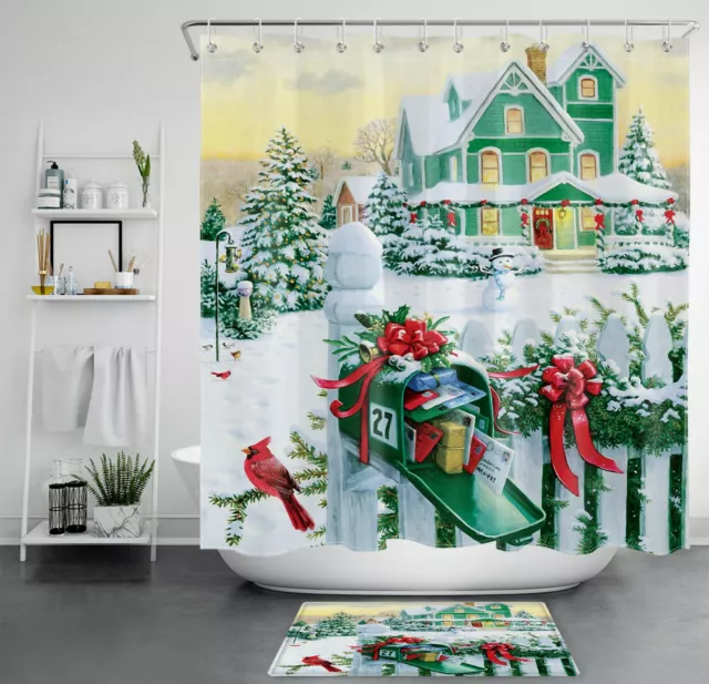 Winter Snow Rustic Farmhouse Christmas Tree Shower Curtain Set Bathroom Decor