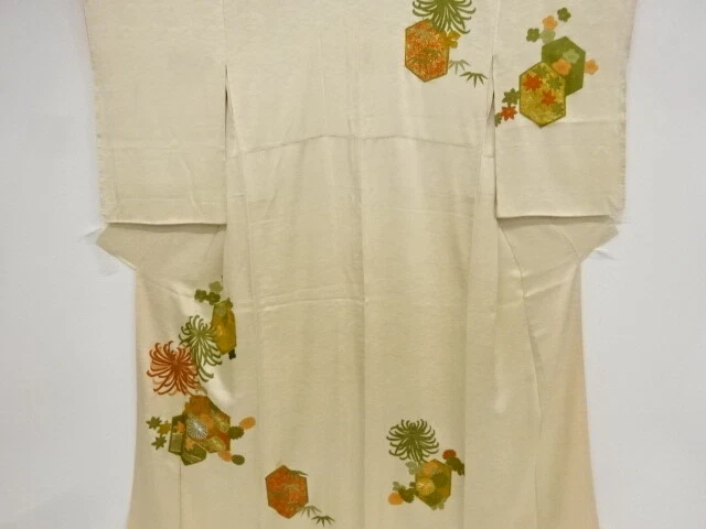 45648# Japanese Kimono / Antique Kimono / Embroidery / Ume Blossom & Kiku