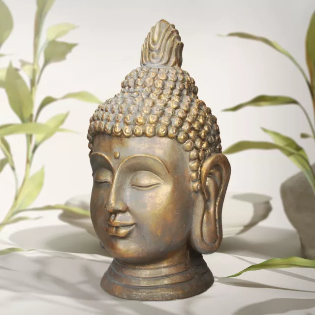 Statue tête de Bouddha 74,5 cm aspect bronze en polyrésine Yoga Feng-Shui Reiki