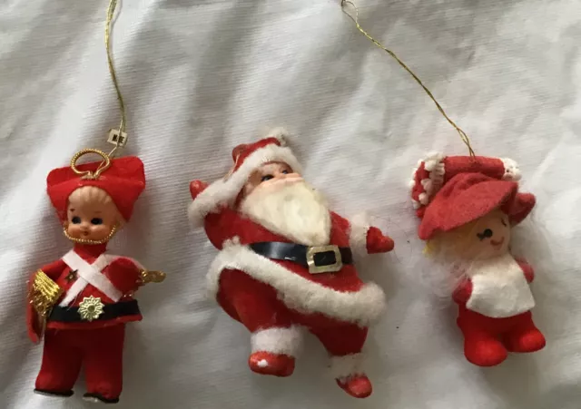 Vintage Christmas Tree Ornaments Felt Flocked Santa, Soldier, Doll  Lot of 3