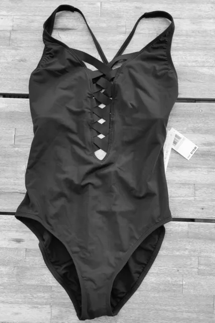 NWT BLEU ROD BEATTIE Black Lattice Front One Piece Swimsuit Size 10