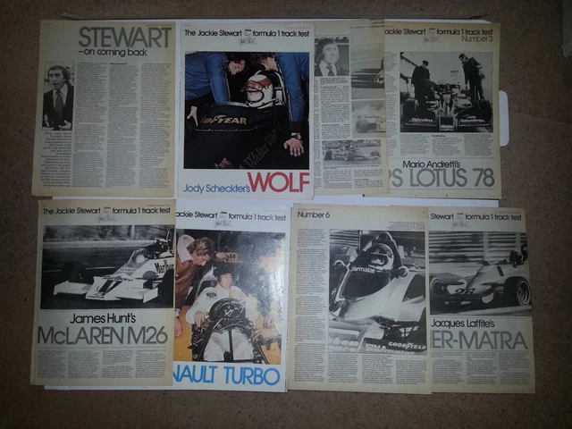 JACKIE STEWART Original MAGAZINE TRACK TEST ARTICOLI - LOTUS, MCLAREN ecc (F1)