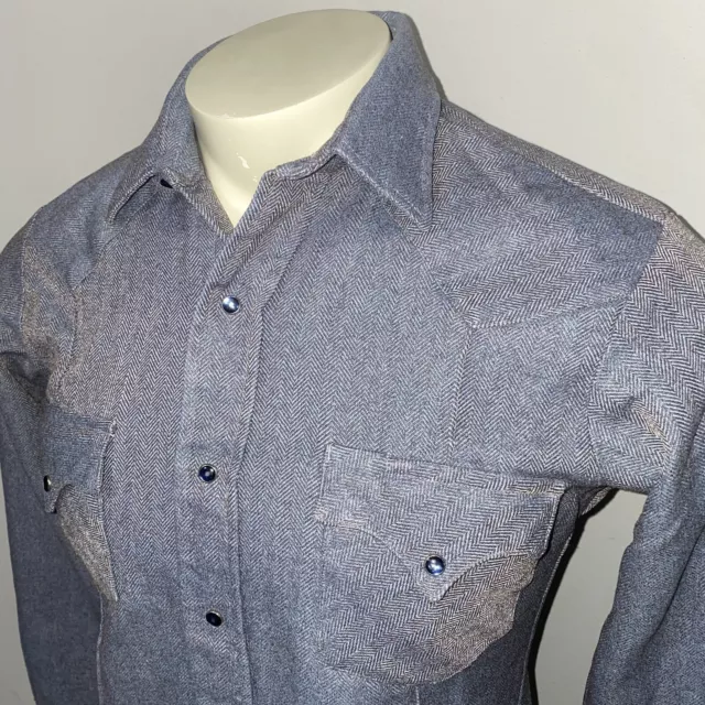 Western Shirt Mens SMALL Karman Wool Herringbone Flannel Rockabilly Cowboy VTG