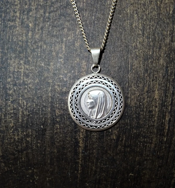 Pendentif Ancien En Argent Massif 925 - Médaille Religieuse Vierge - Occasion