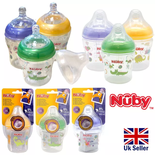 Nuby 180ml Slow Flow,Easy Latch Nipple,Wide Neck Baby Feeding Bottle,0+Months