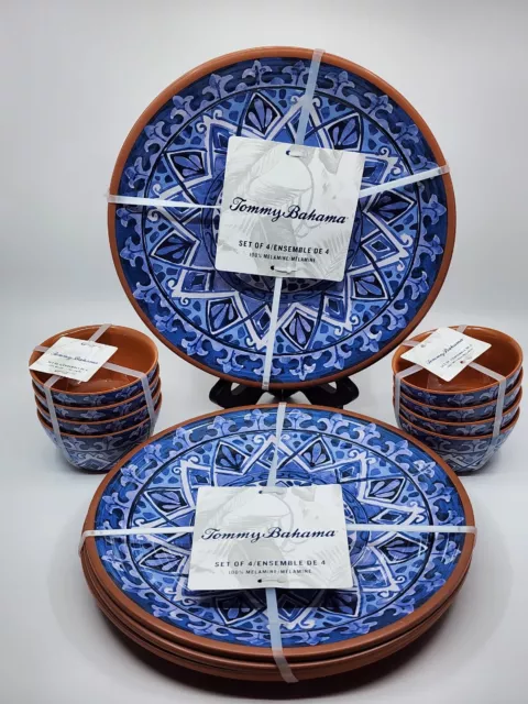 Tommy Bahama MELAMINE Blue Medallion Terracotta Dinner Plates & Dip Bowls  16 PC