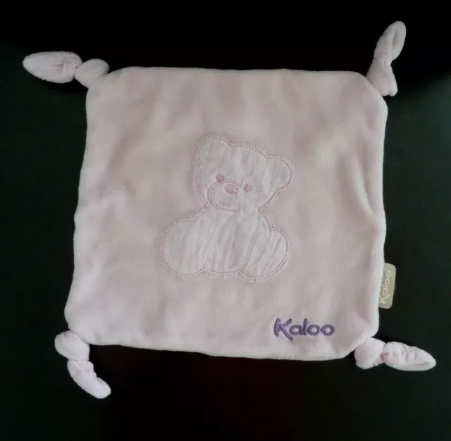 *. DOUDOU PLAT CARRE KALOO OURS ourson brodé ROSE VIOLET 4 NOUETTES - TBE