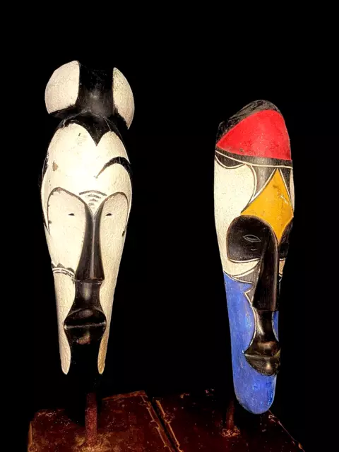 2 fang African mask antiques tribal art Face vintage Wood Carved Vintage -5928