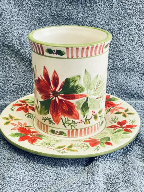 Yankee Candle Ceramic Pillar Candle Holder and Plate “Mistletoe Green” EUC
