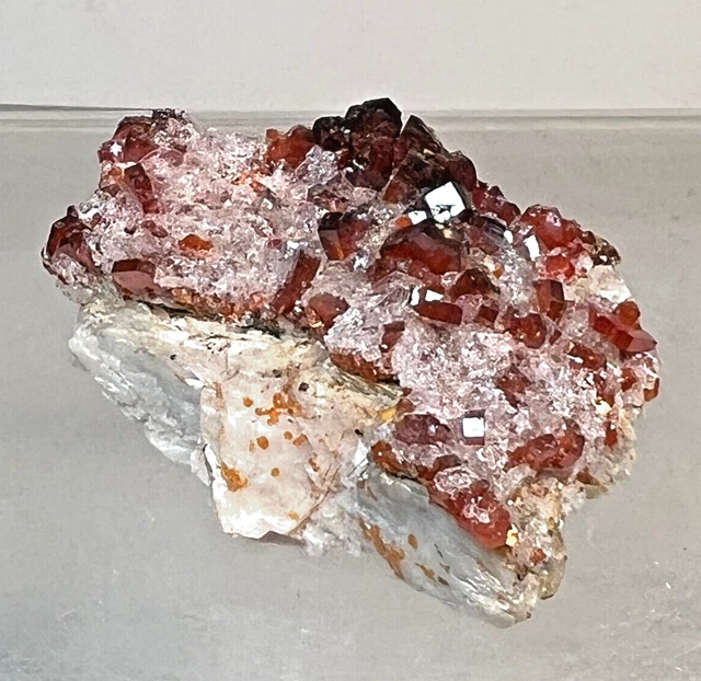 Red Vanadinite & Clear Quartz Crystals on Barite from Morocco.  84gms 48 x 32 mm