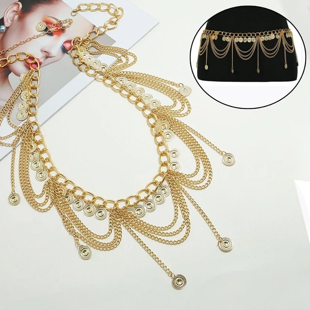 Waist Band Slimming Cummerbands Metal Chain Belt Coin Tassel Pendant Waistband
