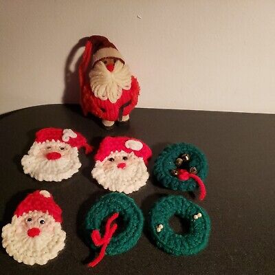 Vintage Hand Made Yarn Crocheted Christmas Holiday Pins And Santa Lot Of 7