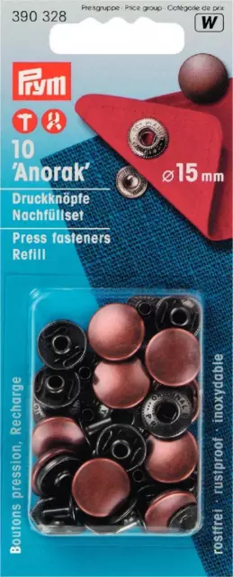 Nachfüllpack 10 St. Druckknöpfe Anorak 390328  PRYM 15 mm altkupfer Hemd Bluse