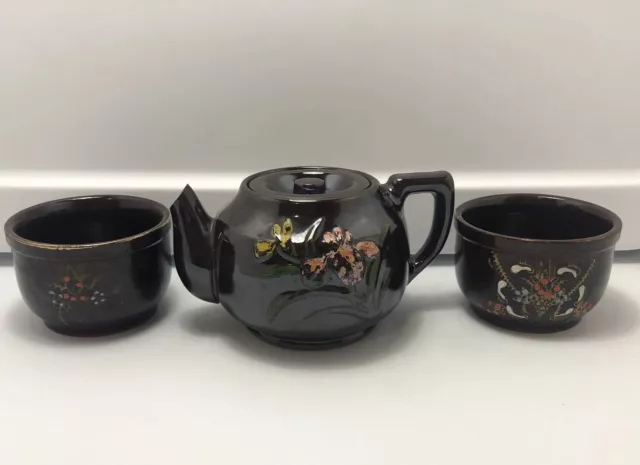 Hadson Occupied Japan Tea Set Mini Teapot With Two Cups Brown Pottery
