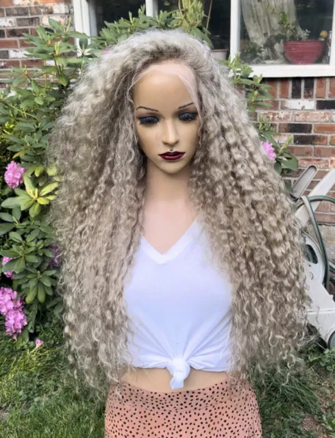 Custom made 28” ash blonde 100% human hair daily wig. Full front lace free part