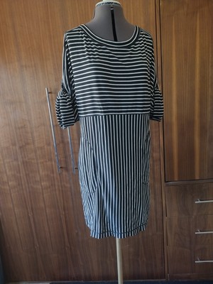 Max Studio Black White Striped Dress XL Aprx UK 16 Stretch Half Sleeve Pockets